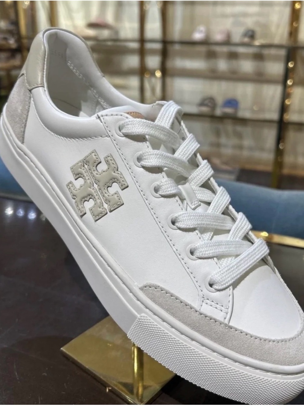 Tory Burch White Leather Sneakers with Light Beige Accents